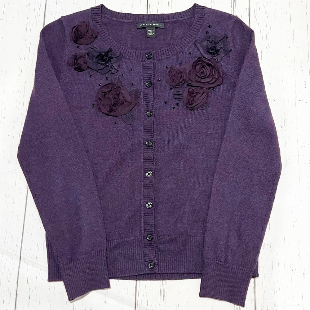 Banana Republic Plum Rosette Embellished Wool Cardigan Women’s Size Small